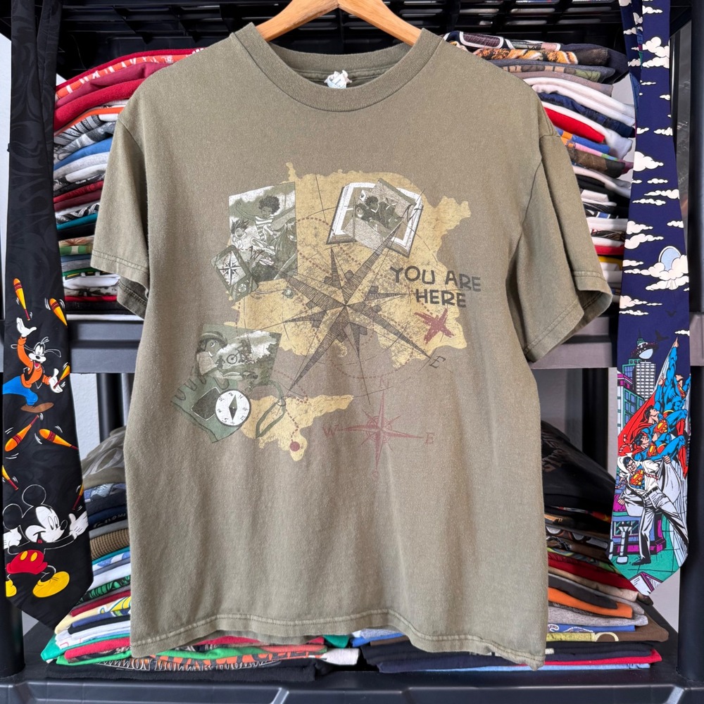 Y2K Olive You Are Here Compass Map Graphic T Shirt Size M